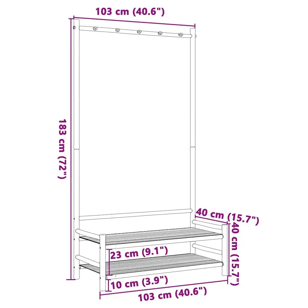 Bamboo Clothes Rack 183cm Free-standing Garment Stand with Shelves