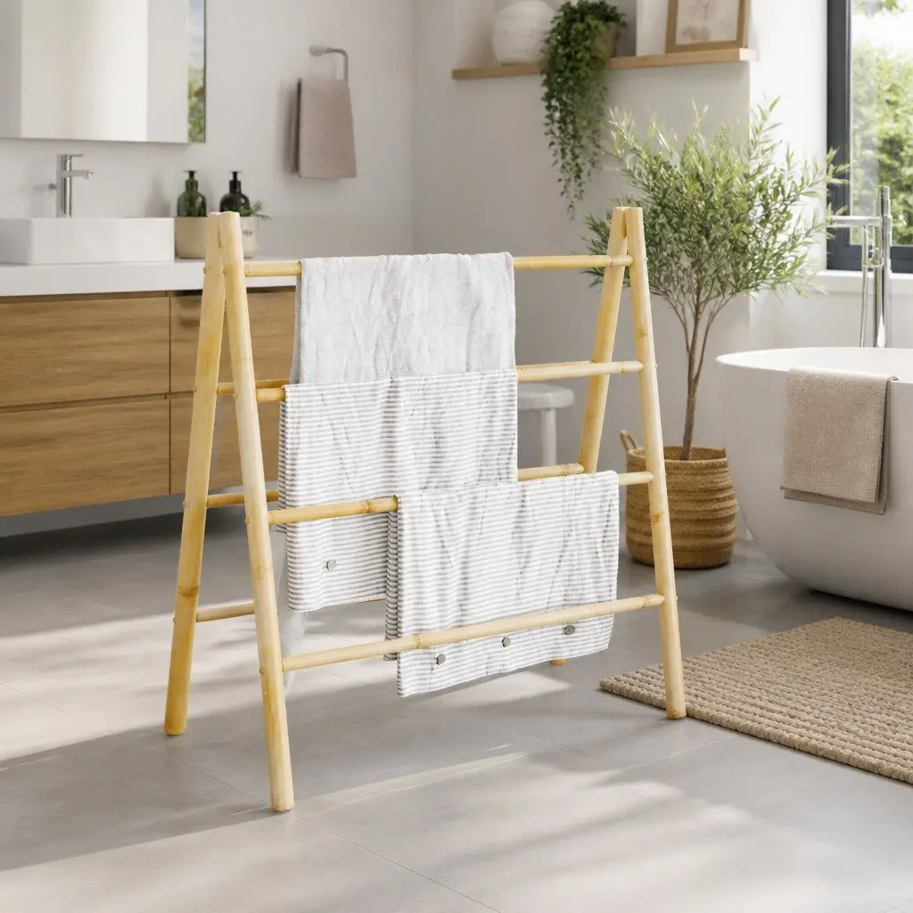 Double Towel Ladder 4 Rungs Bamboo Multifunctional Storage Rack for Bathroom Bedroom Hallway
