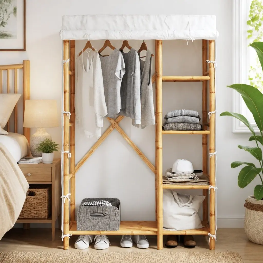 Bamboo Wardrobe Cupboard 110x45x170cm 4 Shelves Clothes Organiser Storage Cabinet