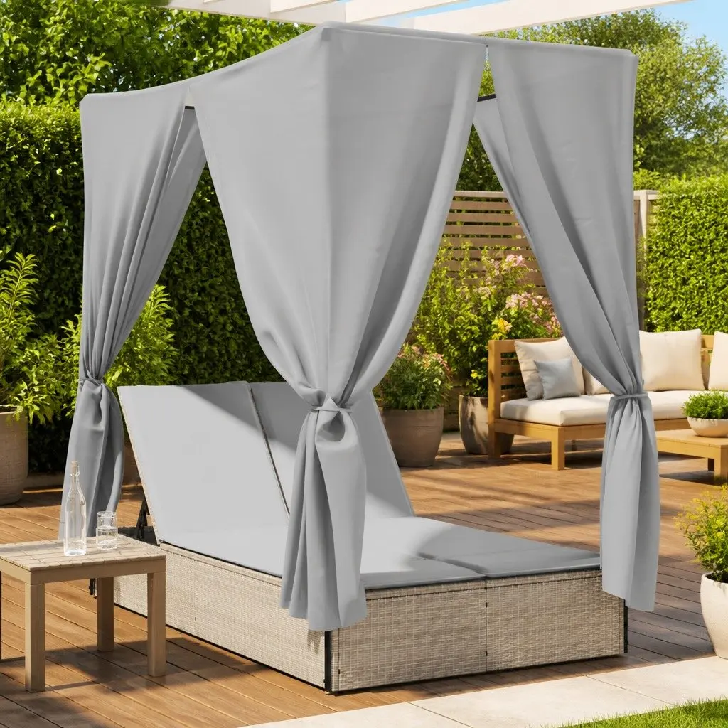 Double Sun Lounger with Roof Beige Adjustable Backrest Outdoor Seating