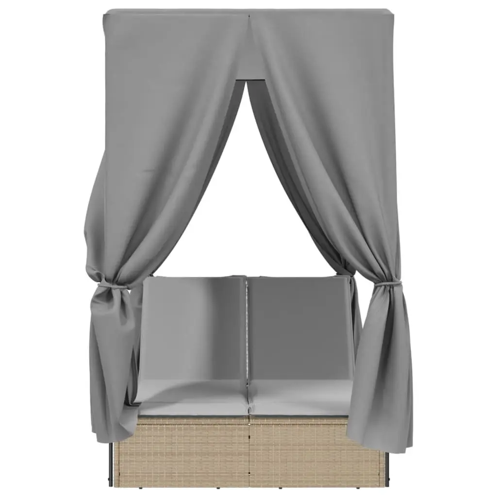 Double Sun Lounger with Roof Beige Adjustable Backrest Outdoor Seating