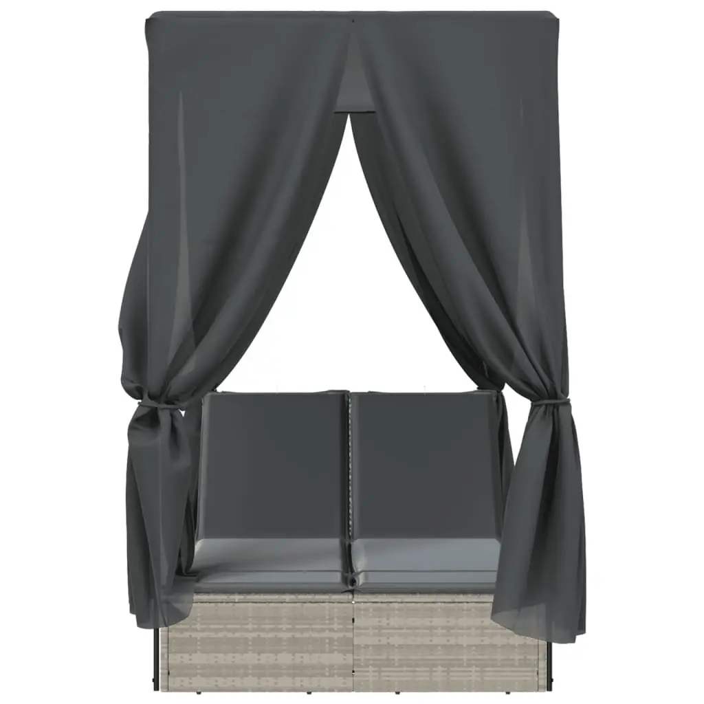 Double Sun Lounger Grey Adjustable Backrest Roof Curtains PE Rattan