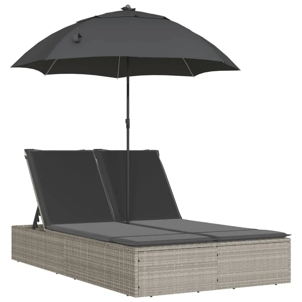 Double Sun Lounger Outdoor Garden Furniture Adjustable Backrest Integrated Parasol Grey Rattan