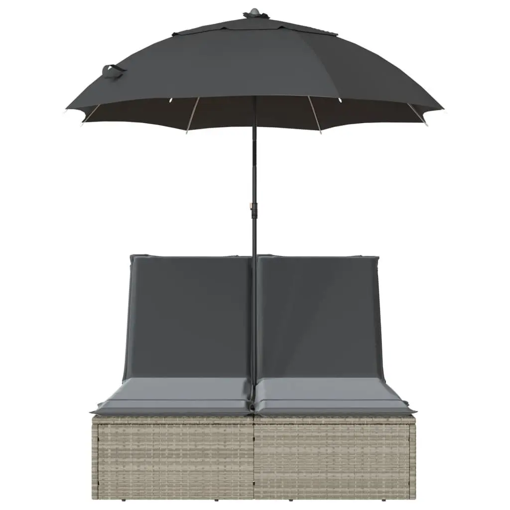 Double Sun Lounger Outdoor Garden Furniture Adjustable Backrest Integrated Parasol Grey Rattan