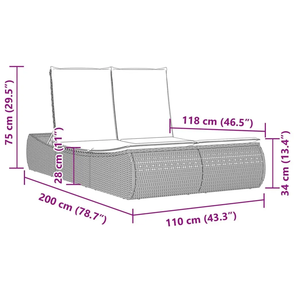 Double Sun Lounger Outdoor Garden Furniture Beige Adjustable Backrest with Cushions