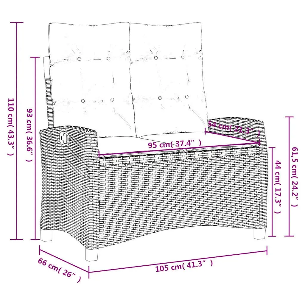 Reclining Garden Bench Black Adjustable Backrest with Cushions