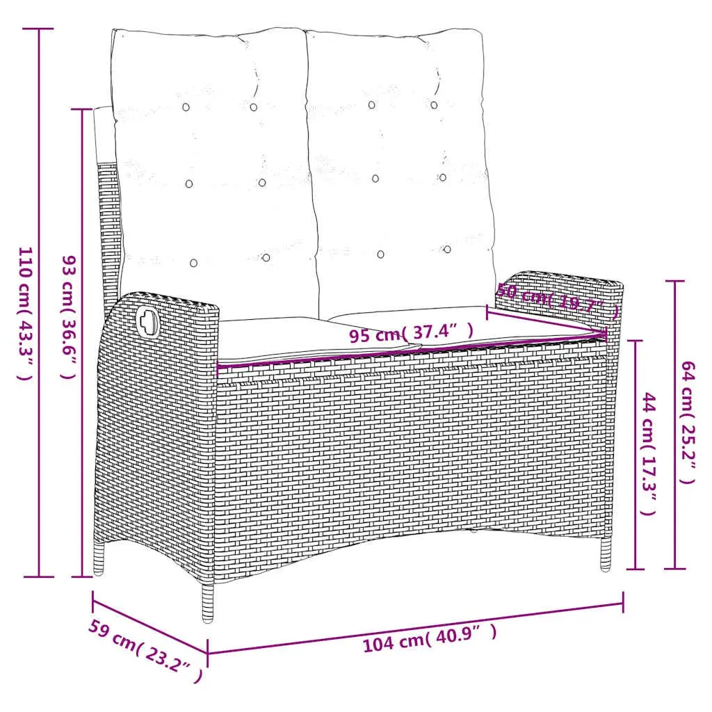 Adjustable Backrest Garden Bench Outdoor Seating with Cushions Black