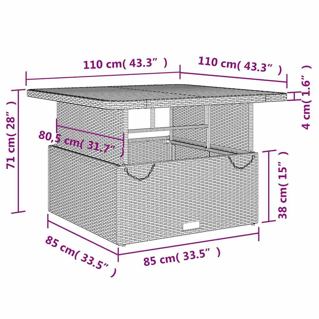 Garden Table 110x110 cm Grey Adjustable Tabletop Outdoor Patio Furniture