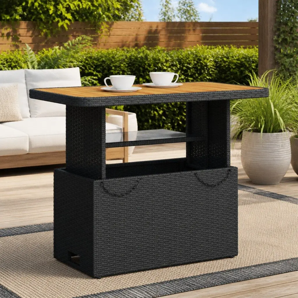 Garden Table 90x55x71cm Adjustable Height Black PE Rattan Acacia Wood Outdoor Furniture