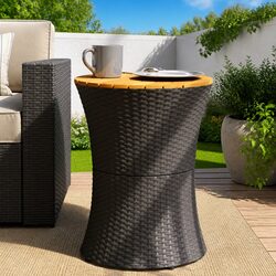 Stylish Black Drum-Shaped Side Table with Acacia Wood Top for Outdoor Use