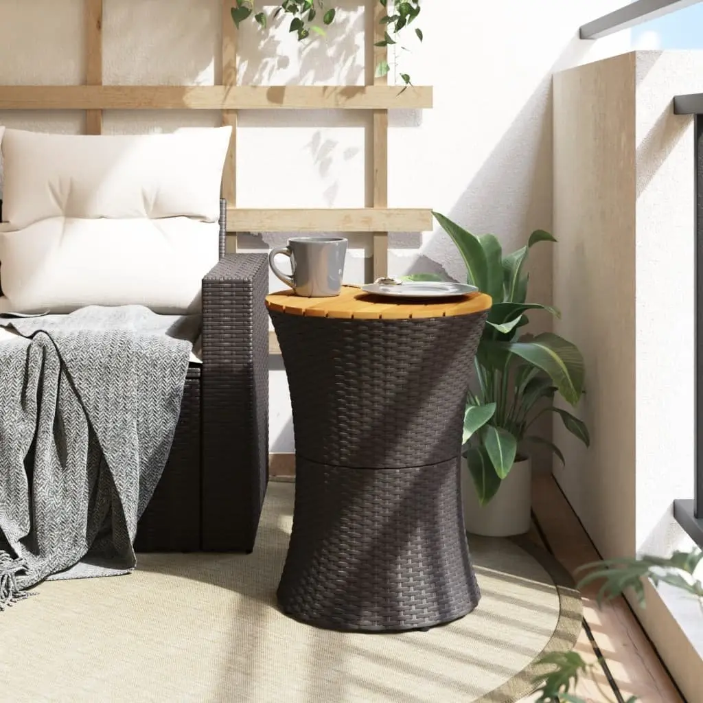 Garden Side Table Drum Shape Black Poly Rattan Acacia Wood Weather Resistant Outdoor Furniture