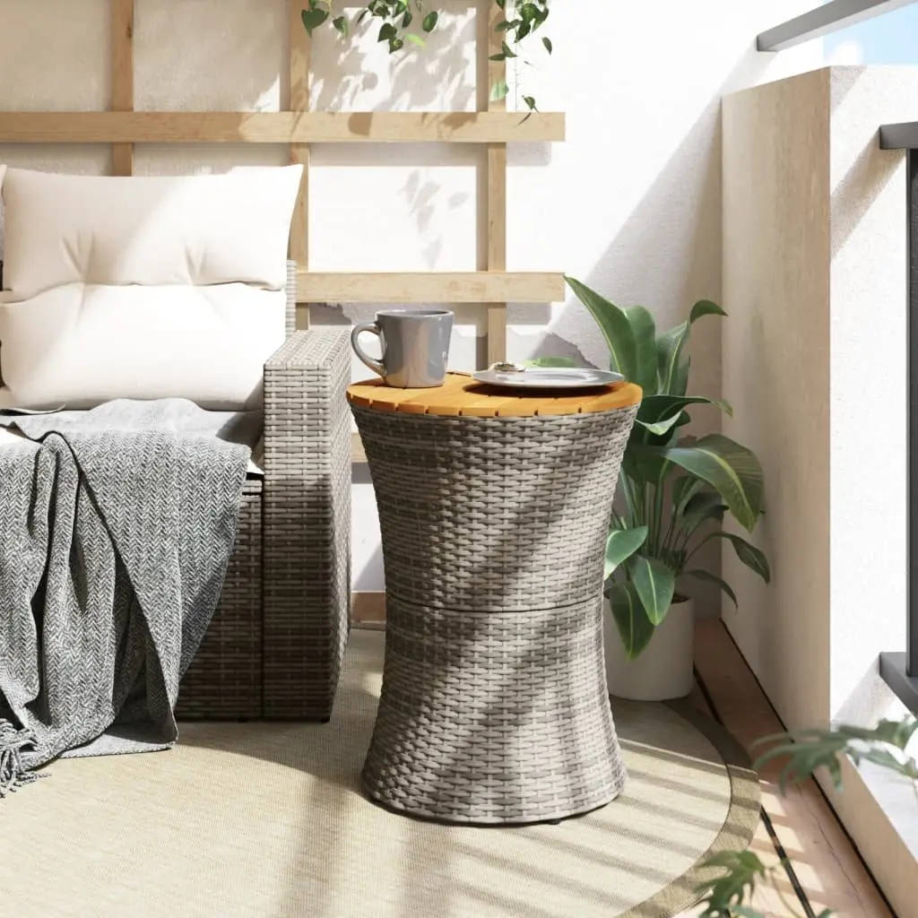 Drum Shape Garden Side Table Grey Acacia Wood Top Lightweight Rattan Frame Outdoor Use