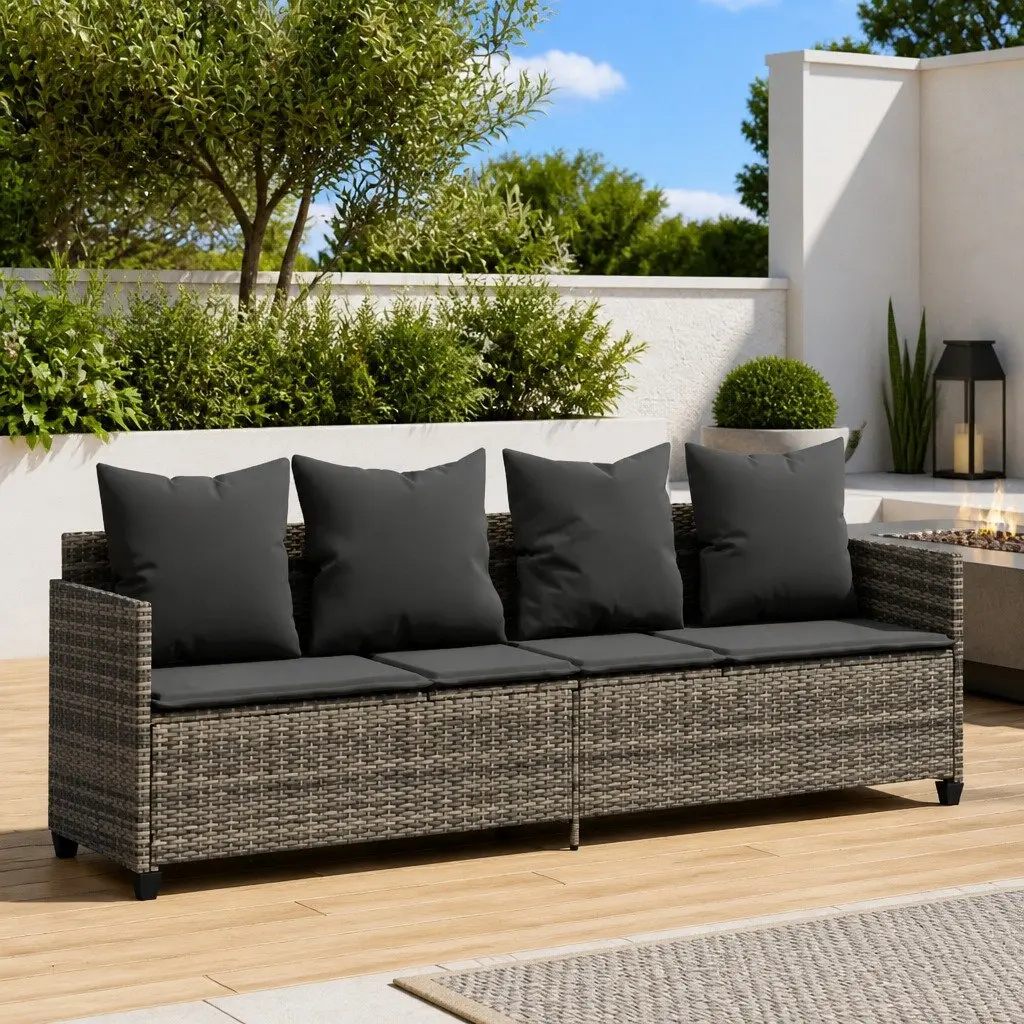 Sun Lounger Outdoor Adjustable Backrest Footrest Grey Cushions PE Rattan