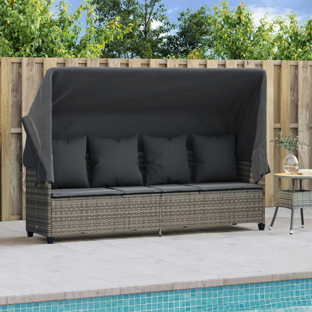 Sun Lounger Grey Rattan Retractable Canopy Adjustable Backrest Footrest