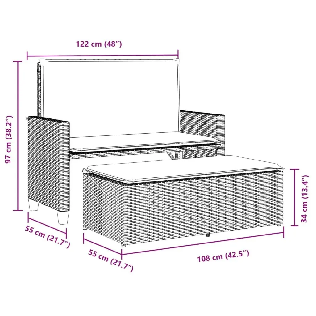 Garden Bench 2-in-1 Outdoor Loveseat Sofa Bed Grey with Cushions and Footstool
