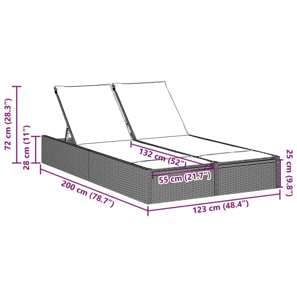 Double Sun Lounger Black Outdoor Rattan Adjustable Backrest with Cushions