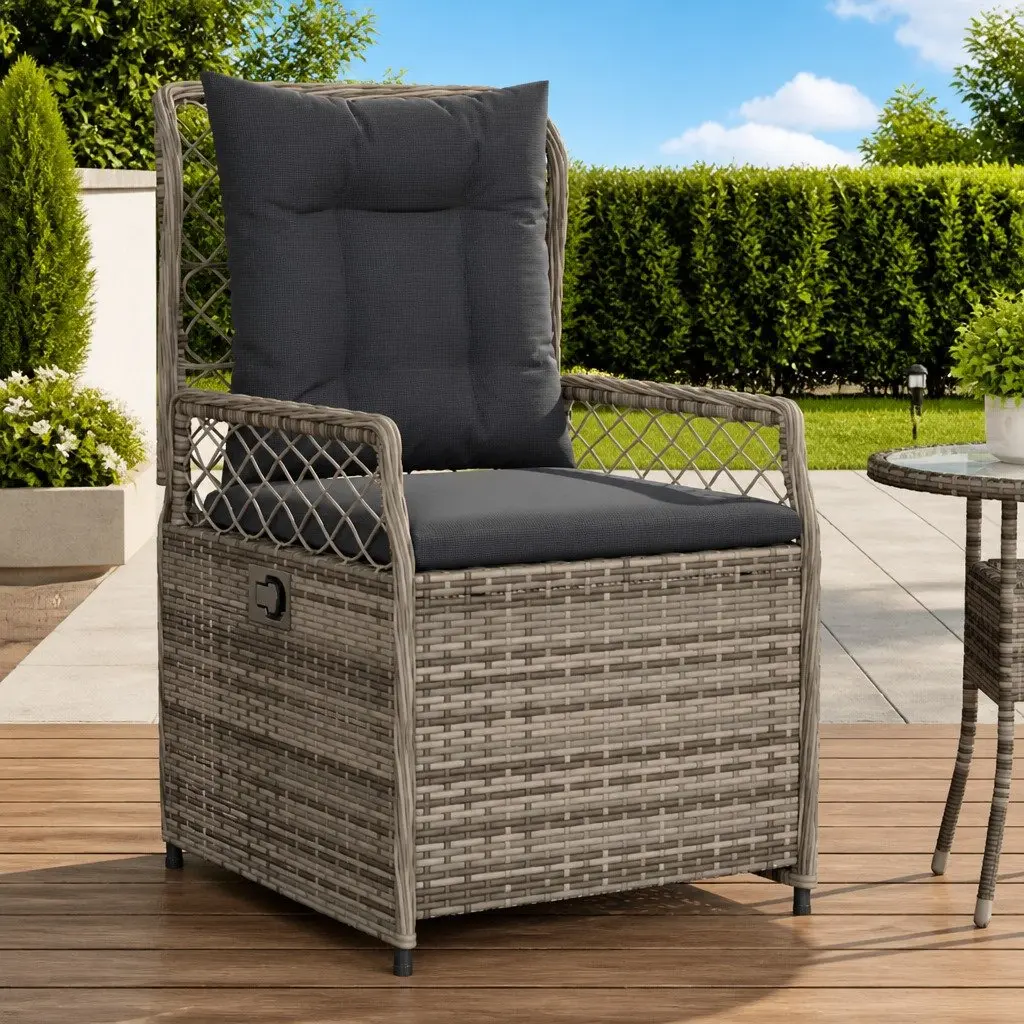 Outdoor Reclining Garden Chairs 2 Piece Grey PE Rattan Adjustable Backrest Cushioned