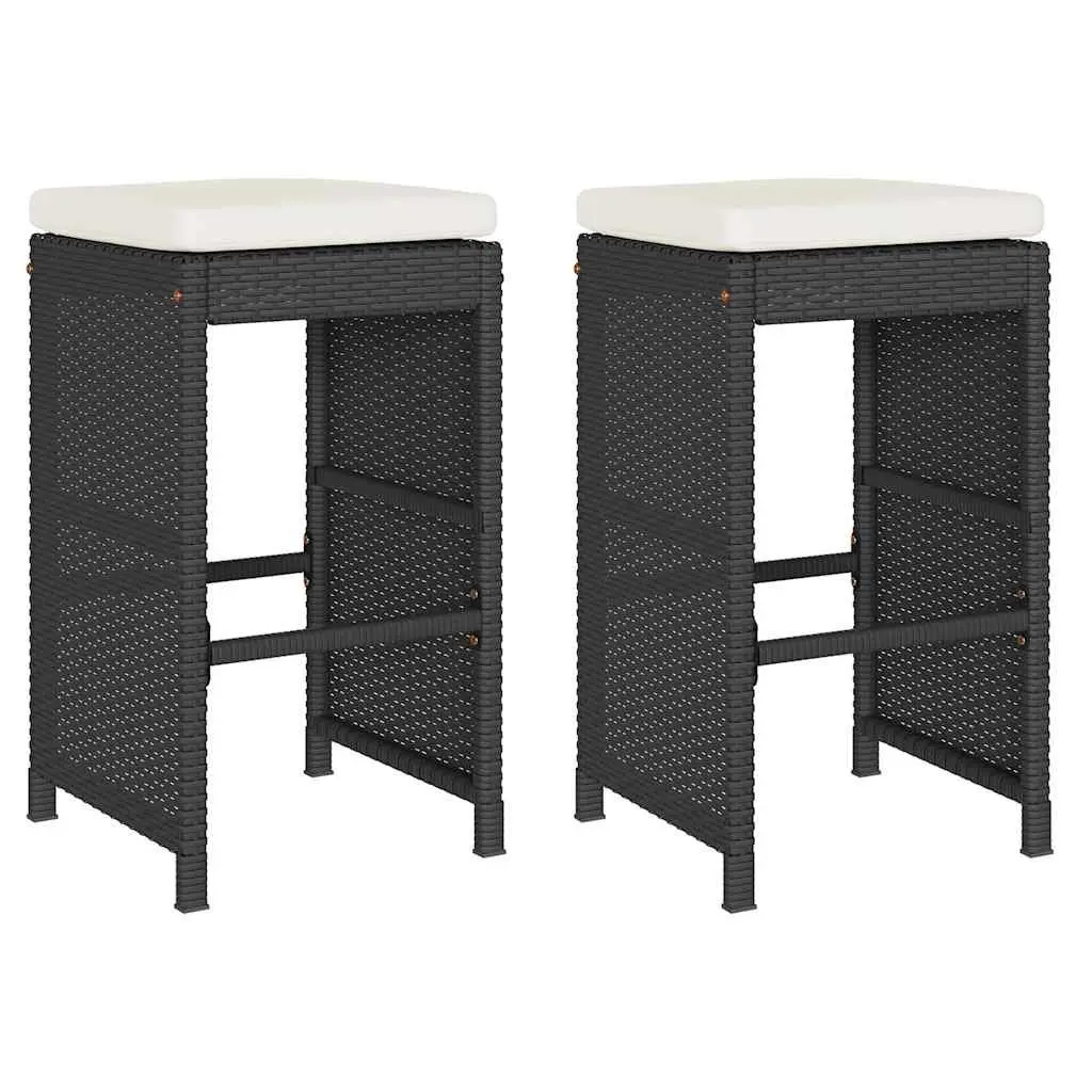 Outdoor Bar Stools 2 pcs Black Cushioned Chairs Set Weather Resistant PE Rattan