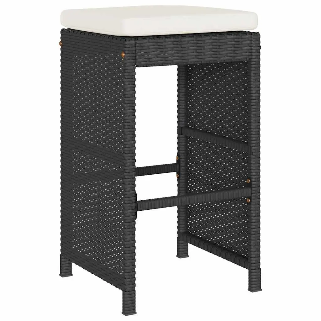 Outdoor Bar Stools 2 pcs Black Cushioned Chairs Set Weather Resistant PE Rattan