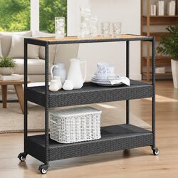 Bar Cart 3-Tier Kitchen Trolley Poly Rattan Wooden Top Storage Drinks Serving