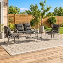 4 Piece Garden Sofa Set Grey Poly Rattan Outdoor Furniture with Cushions Glass