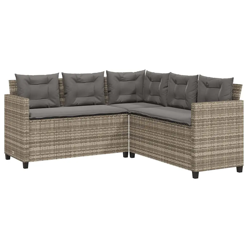 L-Shaped Garden Sofa Set Grey PE Rattan Outdoor Patio Furniture with Thick Cushions and Tempered Glass Table
