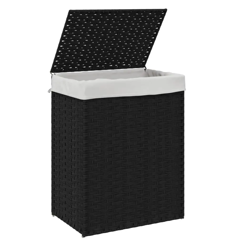 Laundry Basket with Lid Black Poly Rattan Foldable Storage Hamper Removable