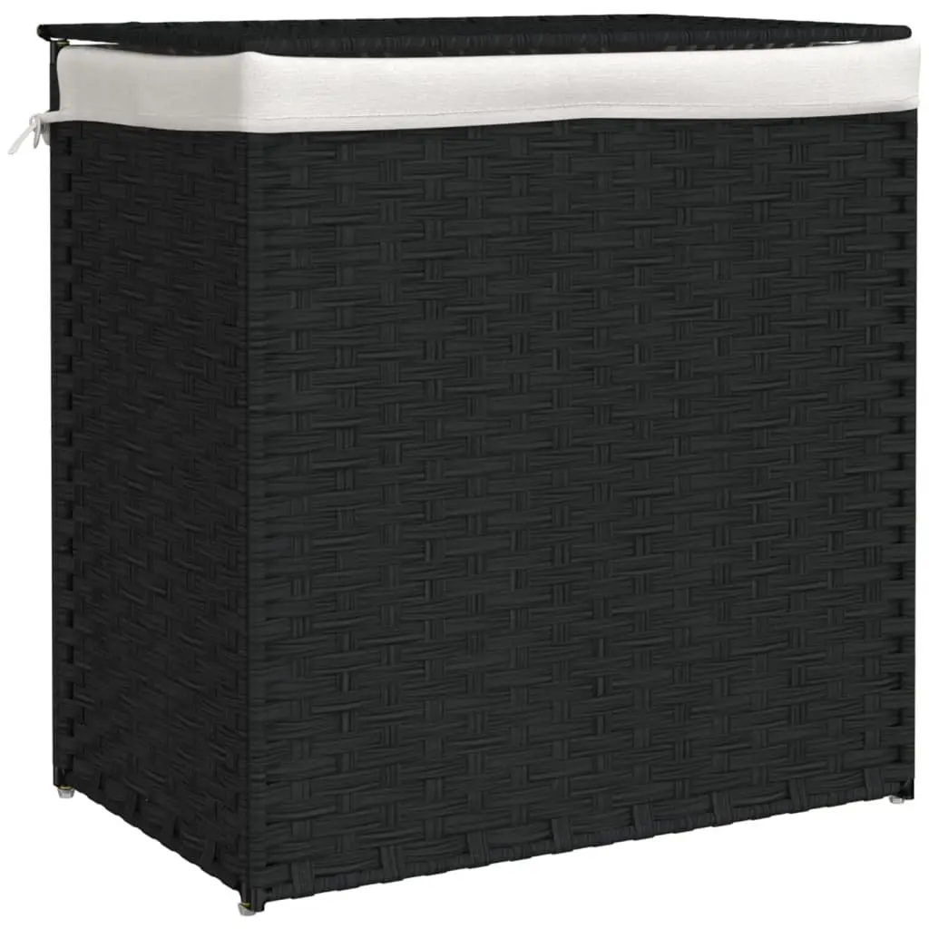 Laundry Basket 2 Sections Foldable Poly Rattan Hamper with Lid Removable Bag