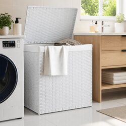 Laundry Basket 2 Compartments White Poly Rattan Foldable Household Storage