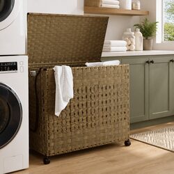 Organizational Rattan Laundry Basket with Wheels for Home Use 66x35x60cm