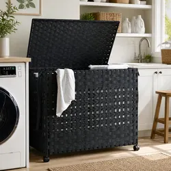 Black Rattan Laundry Basket on Wheels for an Organized Space 66x35x60cm