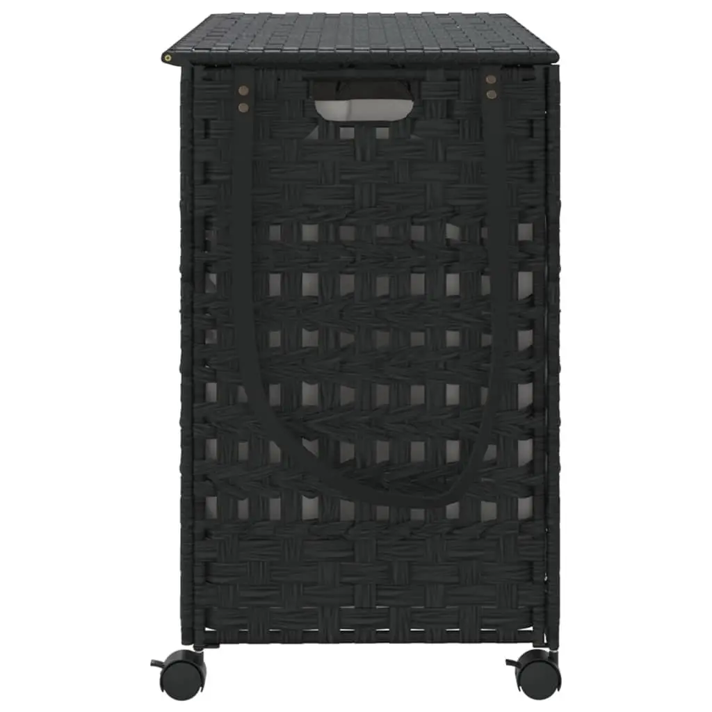 Laundry Basket 66x35x60cm Black Rattan Hand-Woven with Wheels Removable Bag