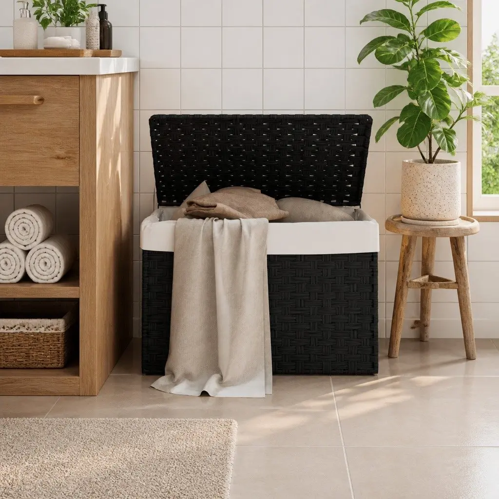 Laundry Basket 55.5x35x34cm Black Poly Rattan Foldable with Lid