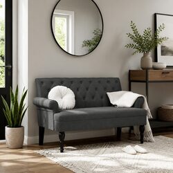 Bench with Backrest Grey Fabric Padded Seat Armrests Button Tufts Wooden Feet