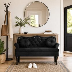Bench with Cushions Black Velvet Seating Backrest Armrests Button Tufts Home