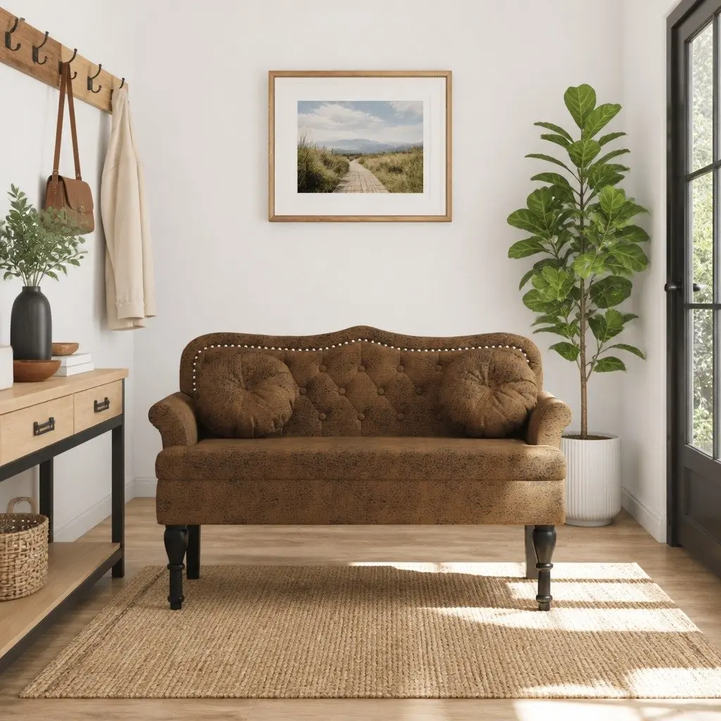 Bench with Cushions Brown Faux Suede Upholstered Seat Backrest Armrests