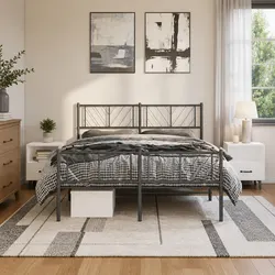Stylish Black Metal Bed Frame with Footboard and Headboard 135x190 cm