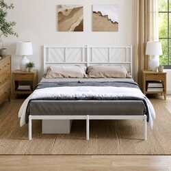 Metal Bed Frame with Headboard White 150x200 cm Bedroom Furniture Steel Slats
