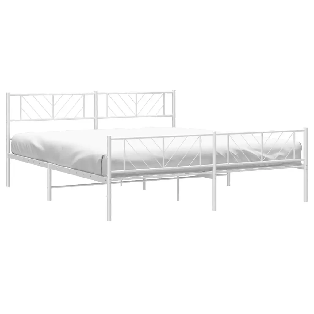 King Size Metal Bed Frame 183x203cm White with Headboard Footboard and Slatted Base