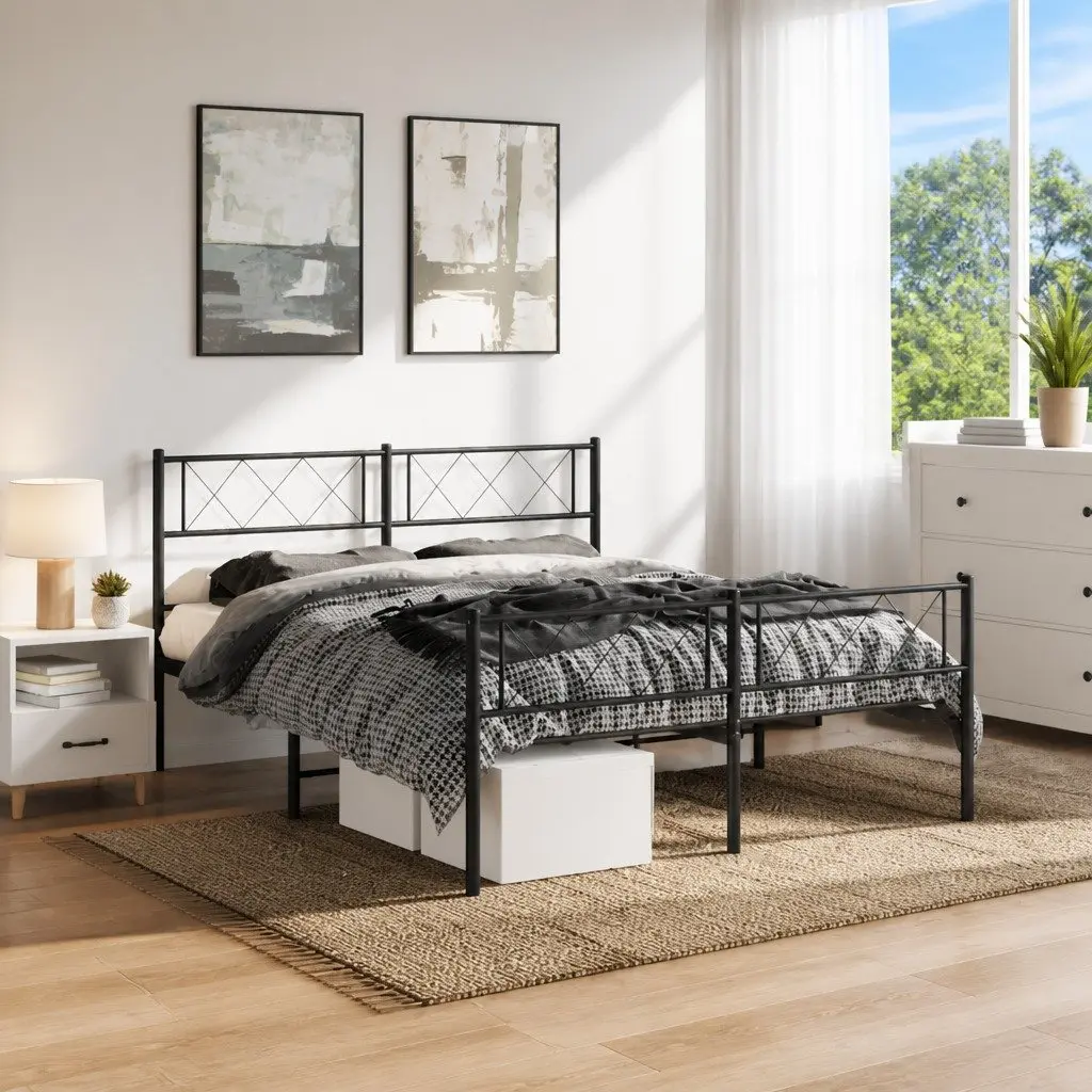 Metal Bed Frame 135x190cm Black Powder-Coated Steel Construction with Slats Support