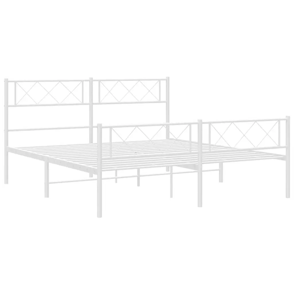 Metal Bed Frame 135x190cm White Powder-Coated Steel Construction Headboard Footboard Slats