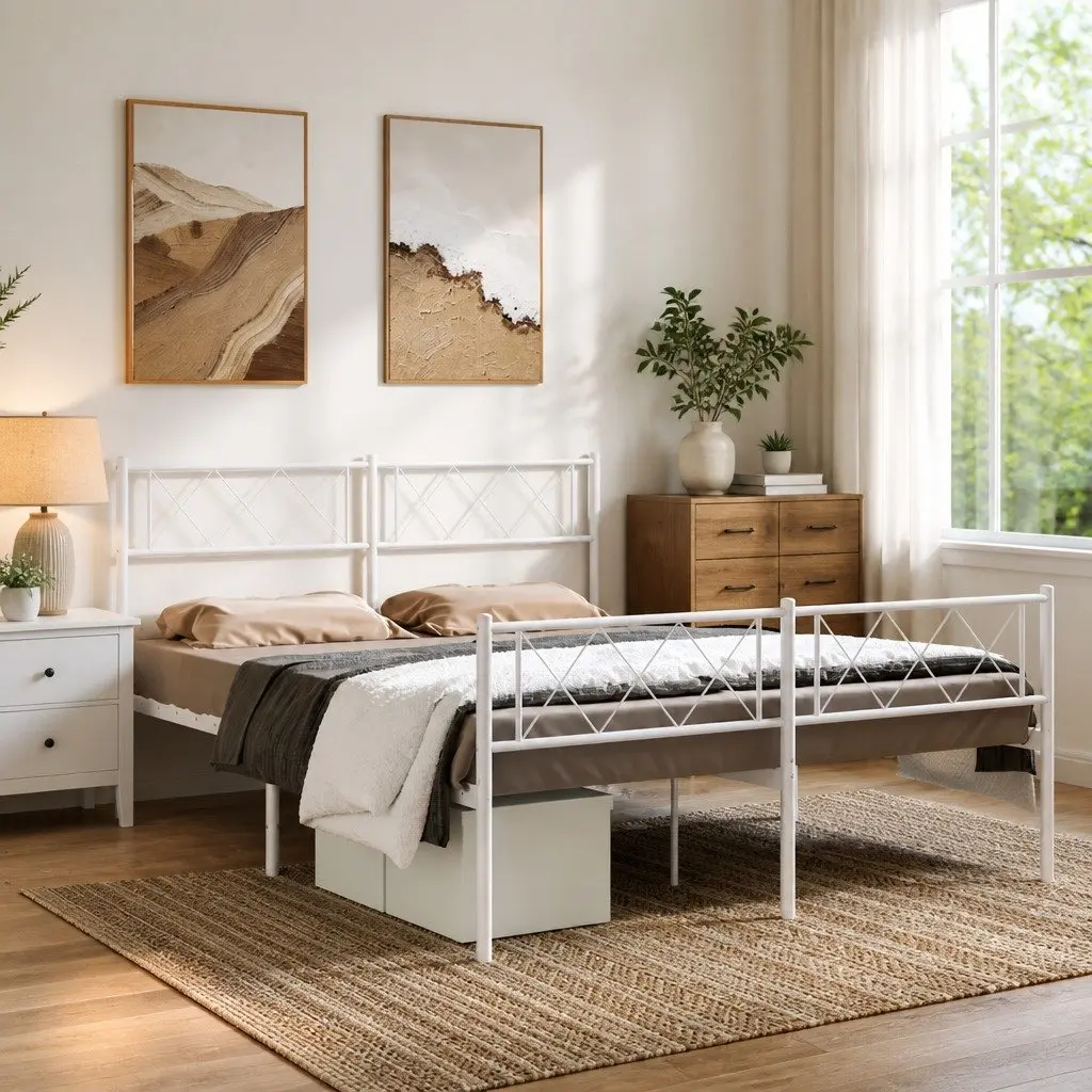 White Metal Bed Frame 150x200 cm with Sturdy Slats Footboard and Headboard for Optimal Mattress Support and Breathability