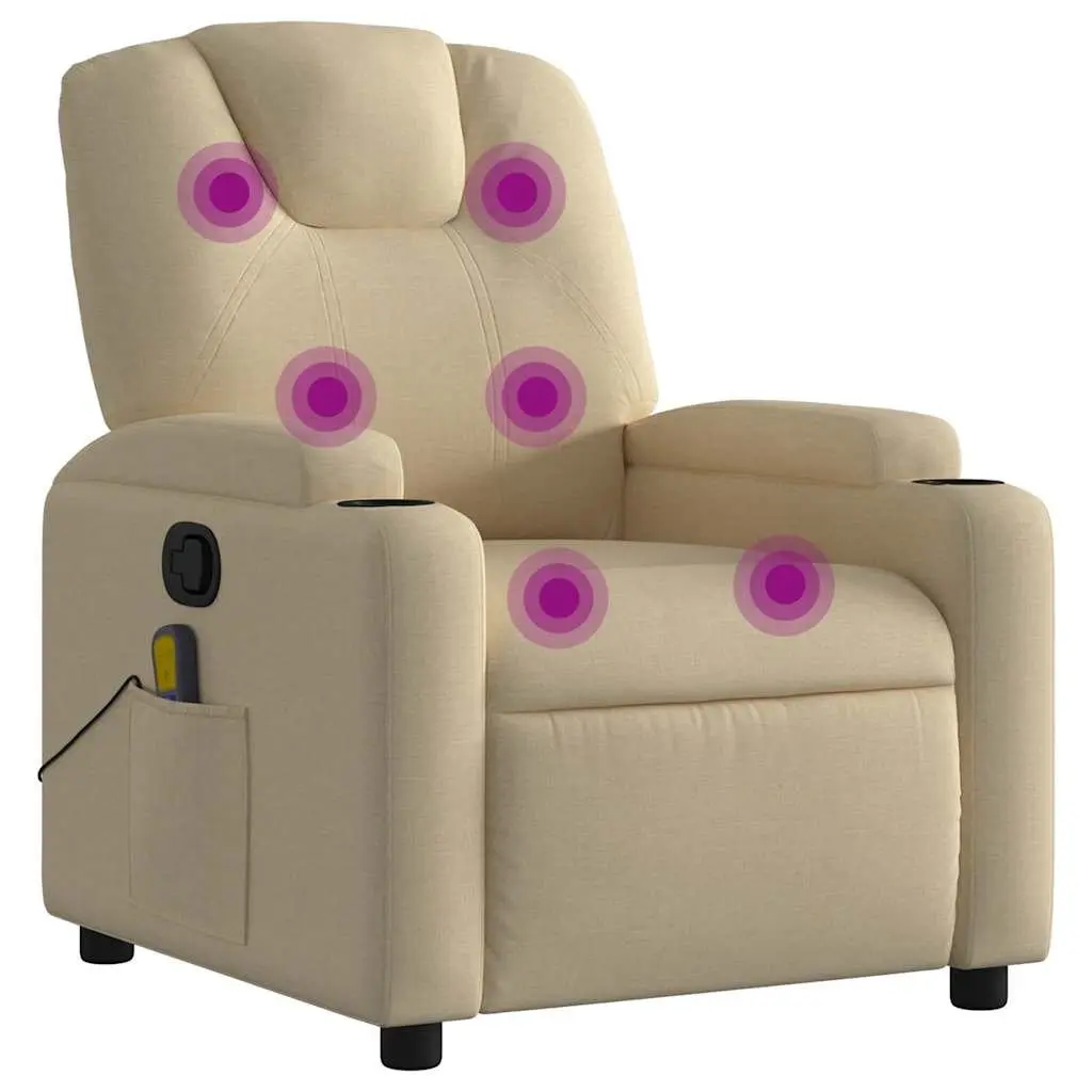 Massage Chair Cream Fabric Manual Recline Vibration with Cup Holders and Storage Pocket