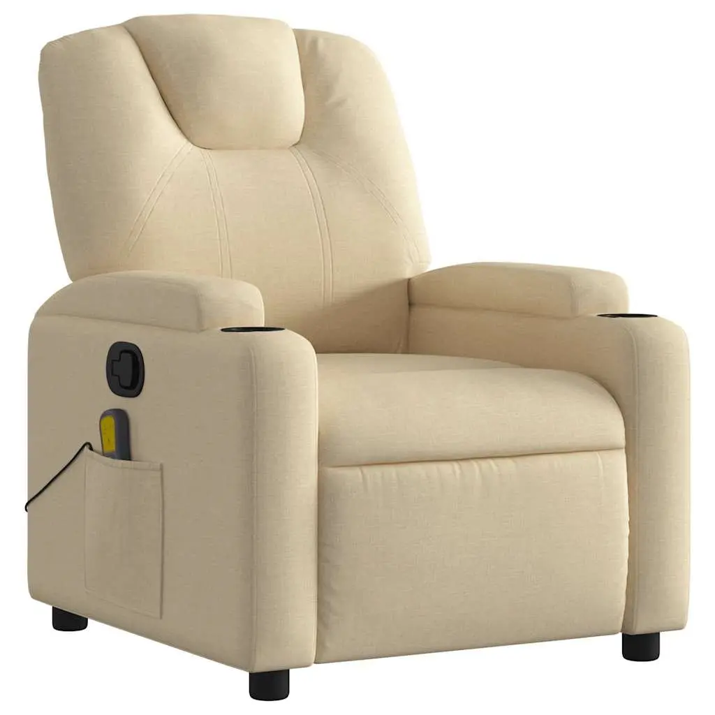 Massage Chair Cream Fabric Manual Recline Vibration with Cup Holders and Storage Pocket