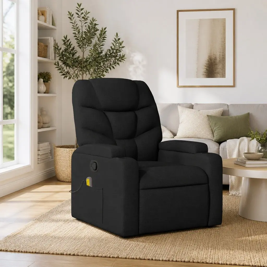 Massage Recliner Chair Black Fabric Manual Reclining with Vibration Massage and Adjustable Footrest
