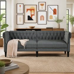 3-Seater Chesterfield Sofa Grey Fabric Living Room Couch Rolled Arm Design