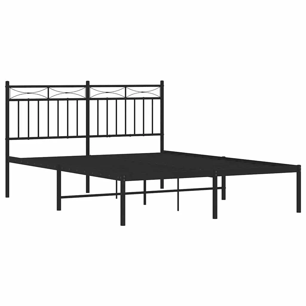 Metal Bed Frame 135x190 cm Black Powder-coated Steel Headboard with Centre Support