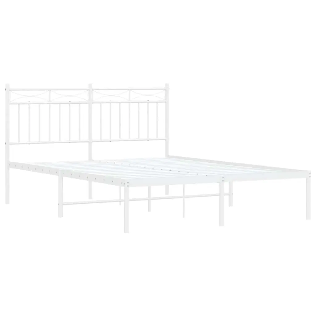 Metal Bed Frame 135x190 cm White with Headboard Steel Slats Support
