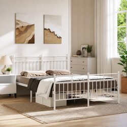 Metal Bed Frame with Footboard White 150x200 cm Bedroom Furniture Slatted Base