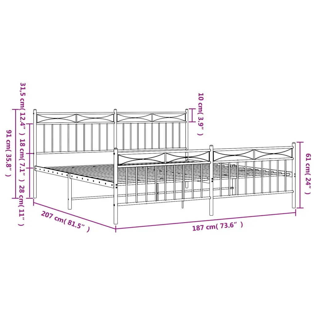 Metal Bed Frame King Size 183x203 cm Sturdy Powder-coated Steel with Footboard White